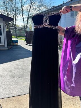 La Femme Black Strapless Gown with Rhinestone Accents